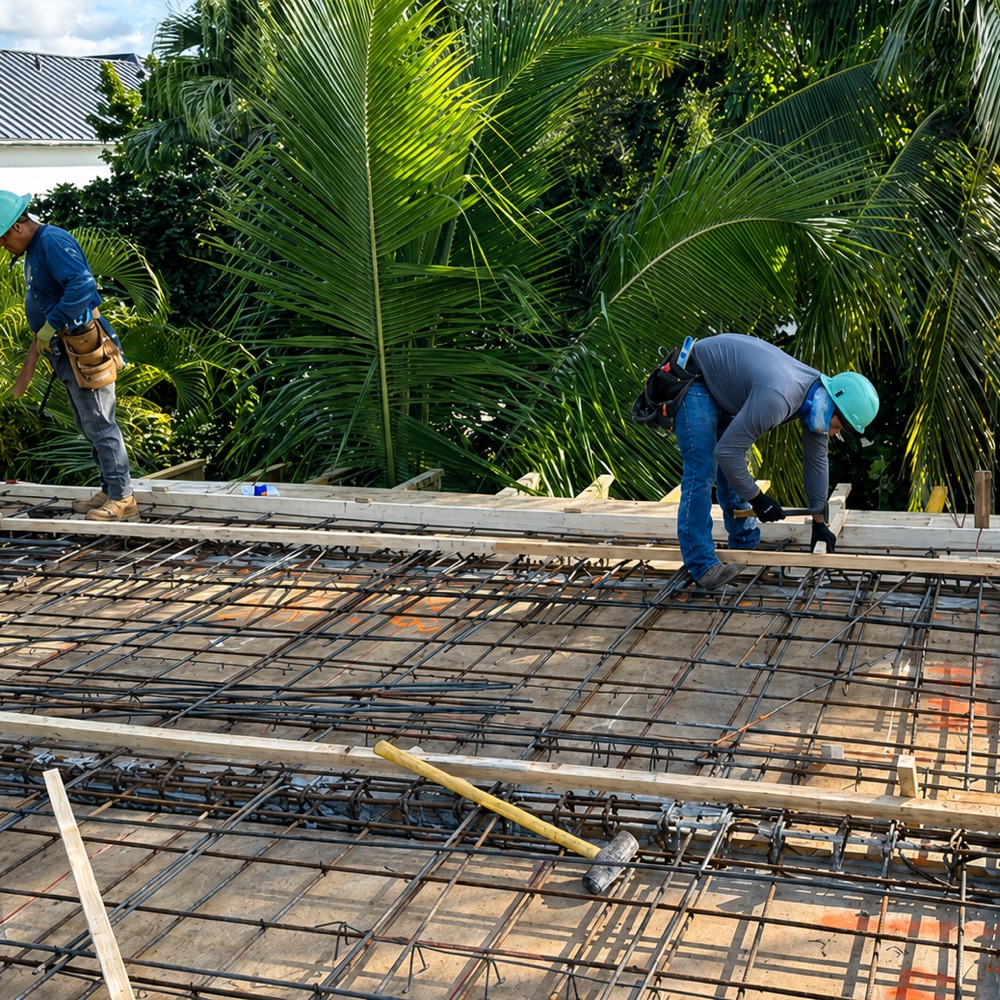 Unicca crew tying rebar on a foundation slab